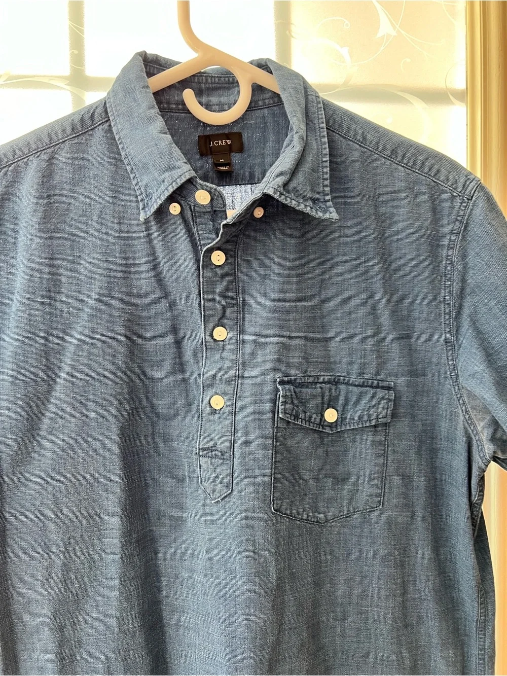J. Crew Men's Denim-Look Blue Short Sleeve Button Down Polo